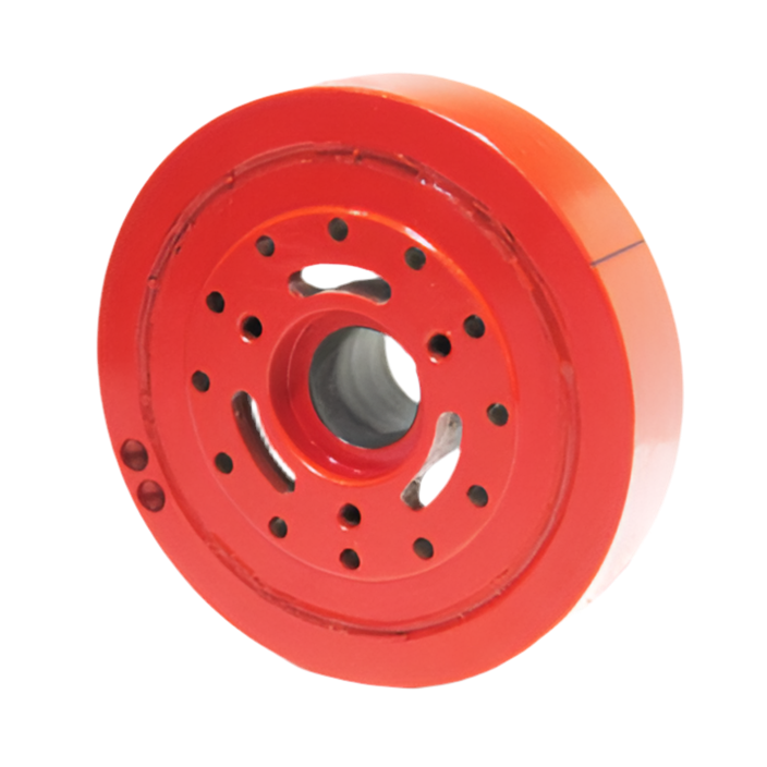 A red 8-inch internally balanced restoration damper for a Chevy V8 engine.